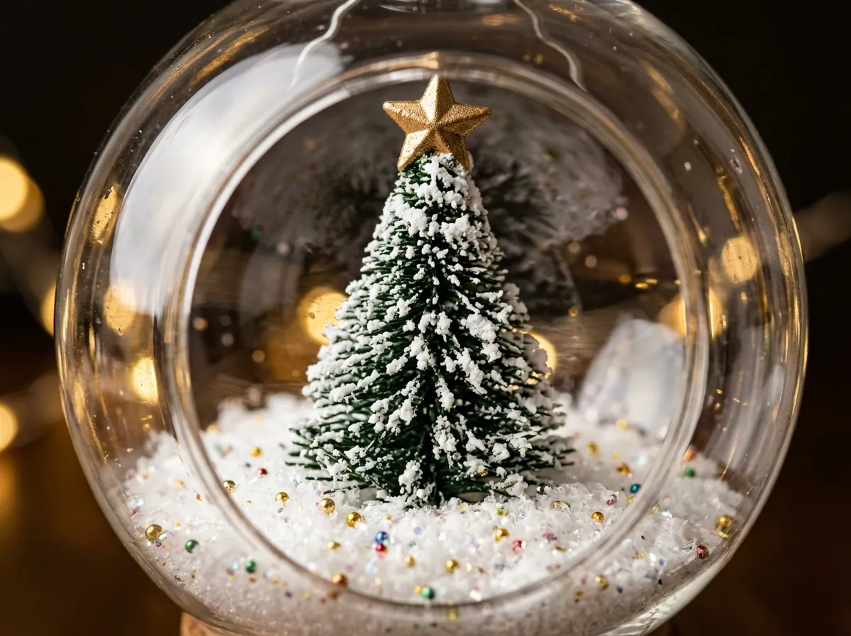Macro detail of the miniature snowy Christmas tree and gold star inside the glass bottle