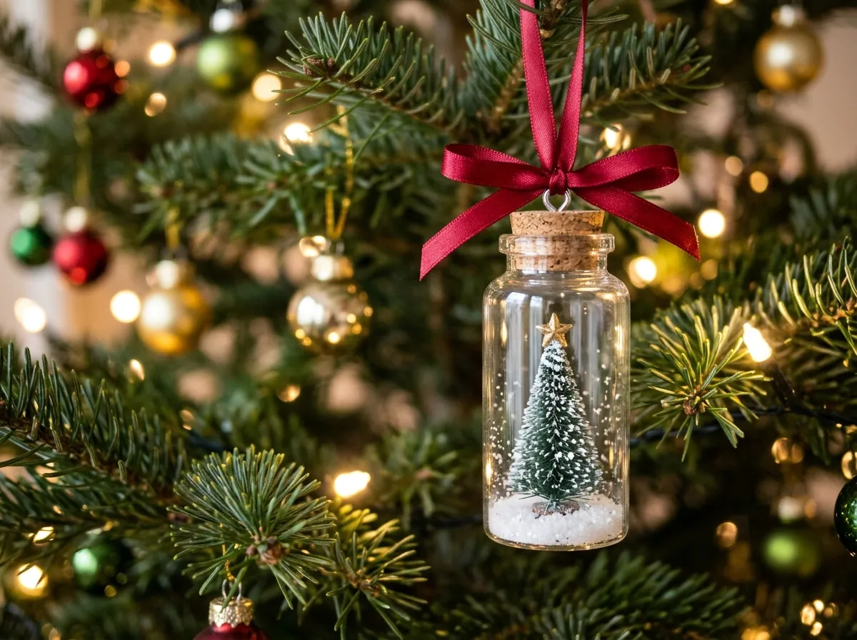 Claus Keepsakes Holiday Voice Bottle hanging by its crimson ribbon on a lit fir tree