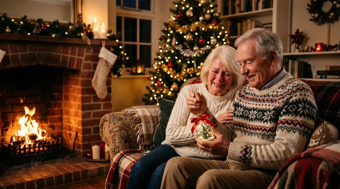 Older couple smiling by the fireplace while uncorking the Claus Keepsakes Holiday Voice Bottle