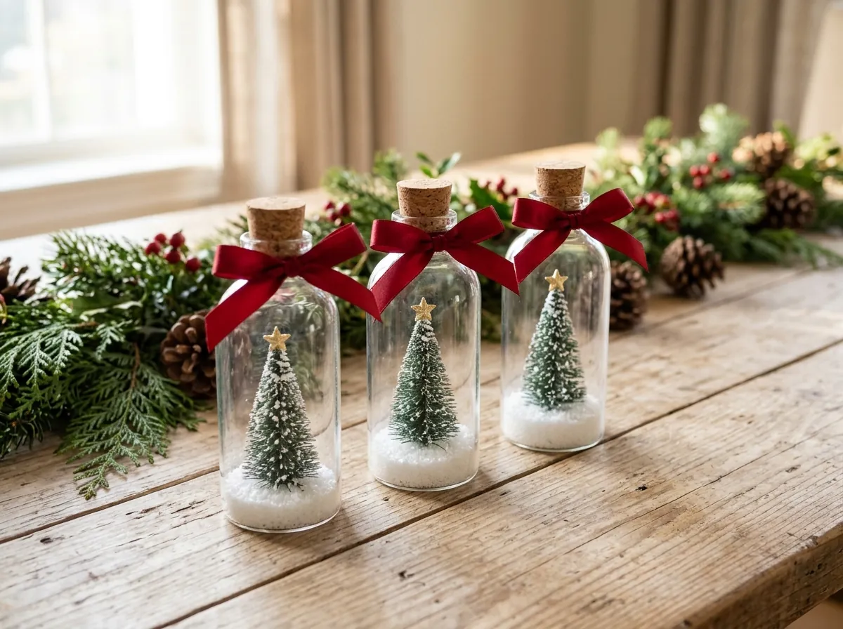 Three Claus Keepsakes Holiday Voice Bottle ornaments arranged on a holiday table
