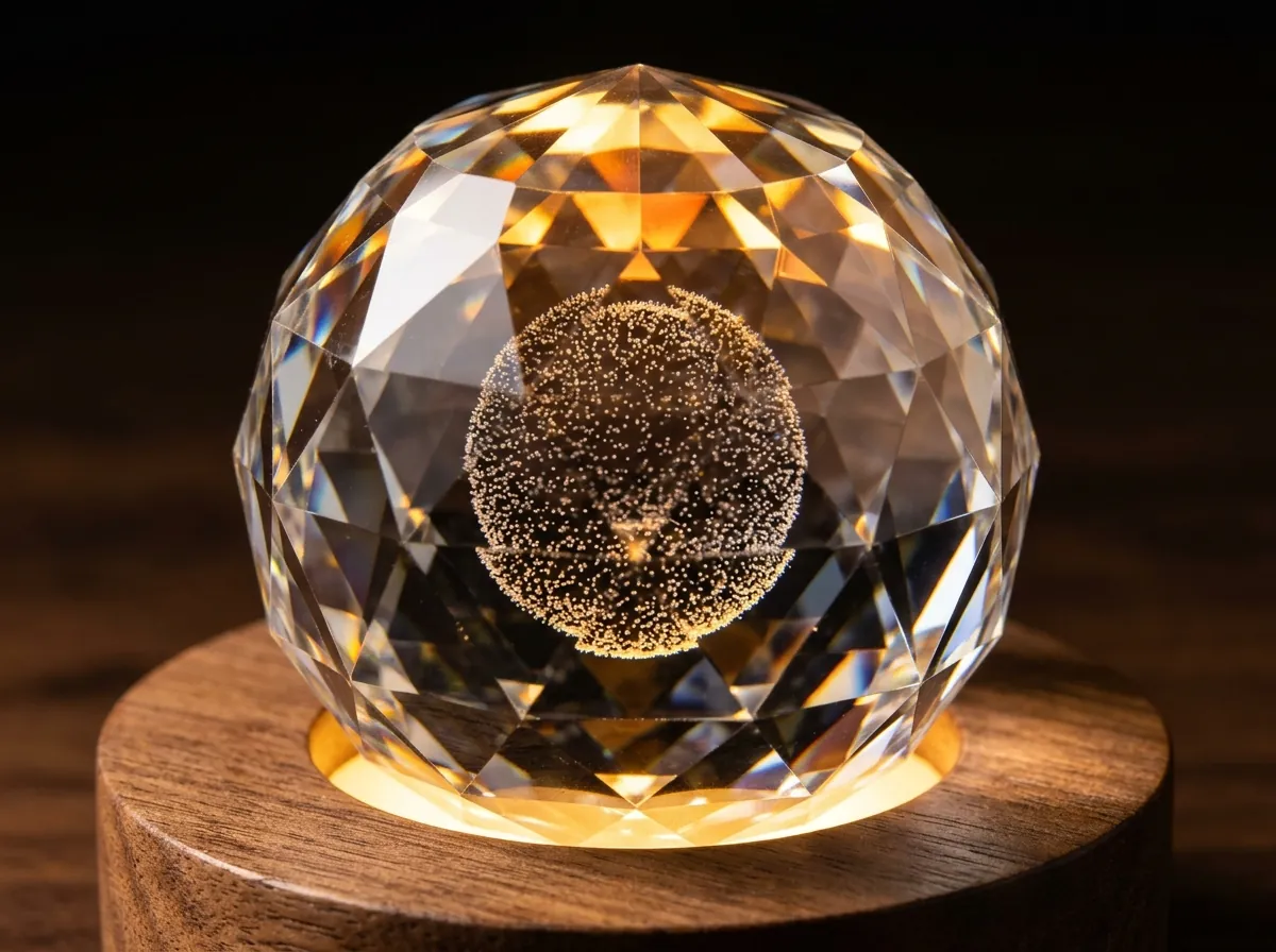 Close-up of diamond-cut optical crystal facets catching warm golden light