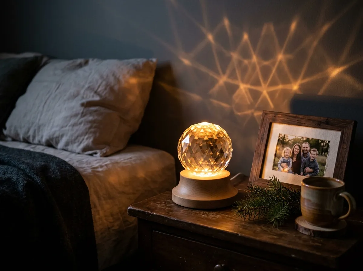 3D Portrait Crystal glowing softly on a bedside nightstand beside pine branches