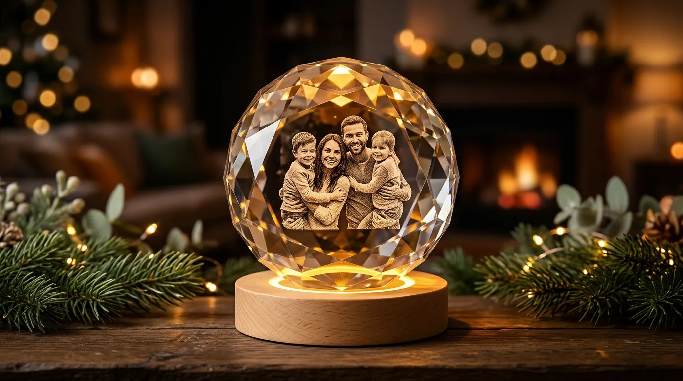 Claus Keepsakes 3D Portrait Crystal illuminated on a warm wooden LED pedestal base