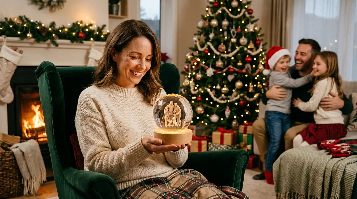 Mother holding the glowing Claus Keepsakes 3D Portrait Crystal beside the Christmas tree