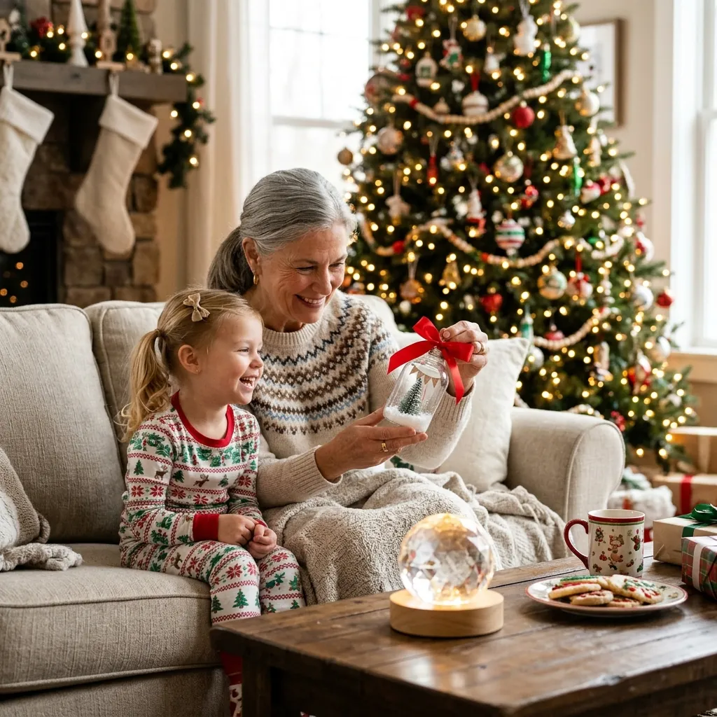 Grandmother and granddaughter admiring the Claus Keepsakes Bottle and Crystal by the tree