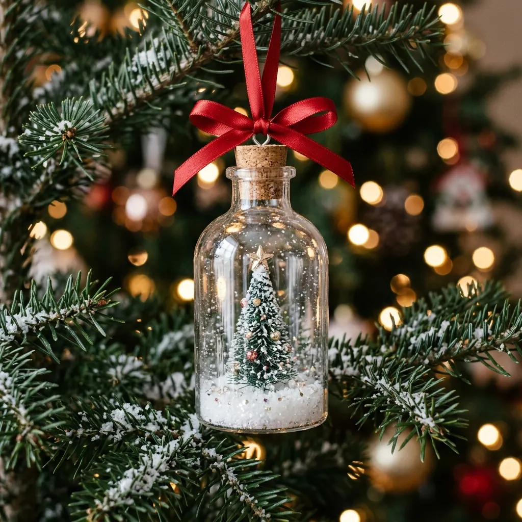 Claus Keepsakes Holiday Voice Bottle hanging from an evergreen branch with warm lights