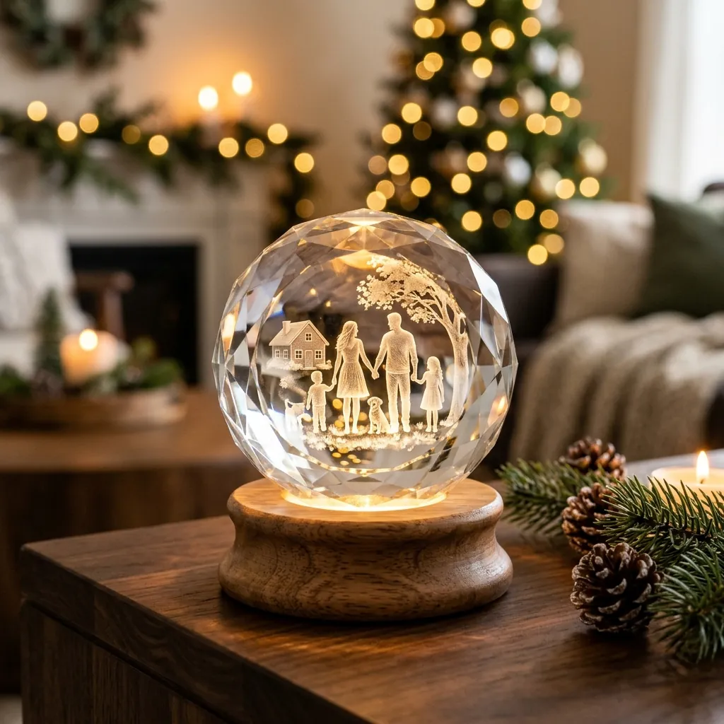 Claus Keepsakes 3D Portrait Crystal glowing on its wooden LED pedestal base